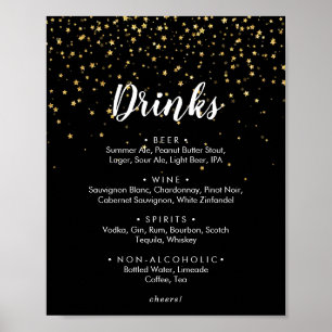 Gold Confetti   Black Wedding Drinks Menu Sign Poster