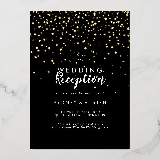 Gold Confetti|Black Wedding Reception nur Folieneinladung (Vorderseite)