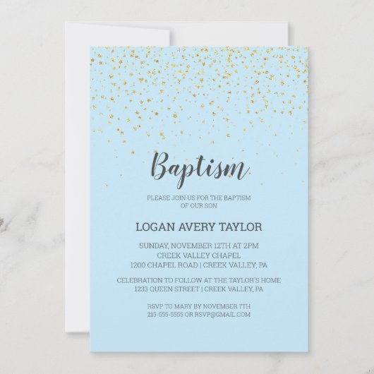 Gold Confetti Blue Baby Boy Taufe Einladung (Vorderseite)