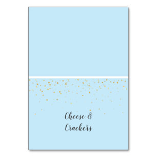Gold Confetti Blue Baby Dusche Buffet Food Labels Tischnummer
