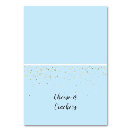 Gold Confetti Blue Baby Dusche Buffet Food Labels Tischnummer (Vorderseite)