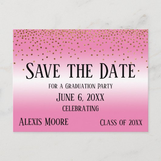 Gold Confetti Blue Graduation Party Save the Date Postkarte (Vorderseite)