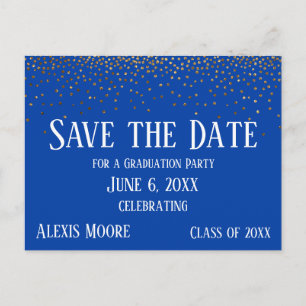 Gold Confetti Blue Graduation Party Save the Date Postkarte