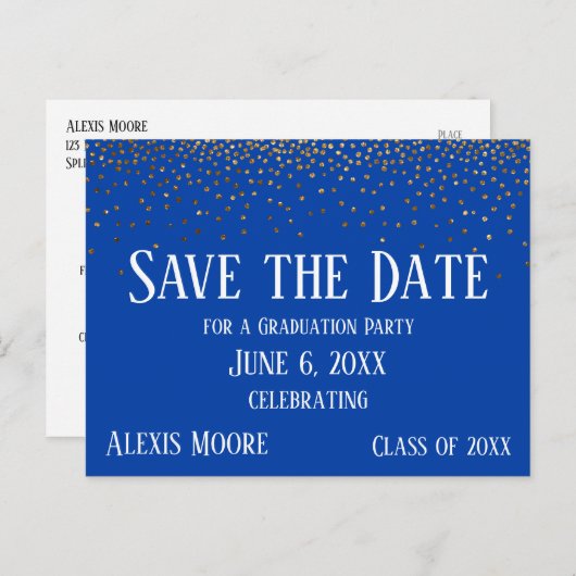 Gold Confetti Blue Graduation Party Save the Date Postkarte (Vorne/Hinten)