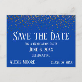 Gold Confetti Blue Graduation Party Save the Date Postkarte