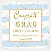 Gold Confetti Blue Stripes Abschluss Square Quadratischer Aufkleber (Vorderseite)