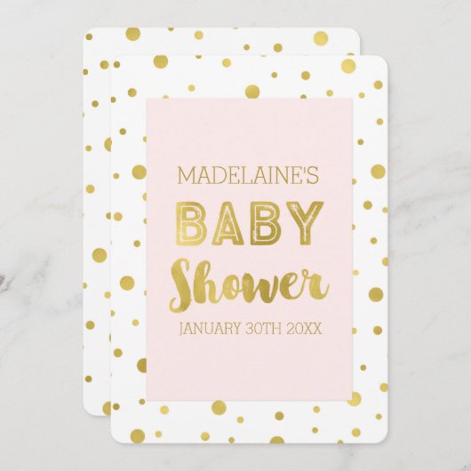 Gold Confetti Blush Pink Babydusche Einladungen (Vorne/Hinten)