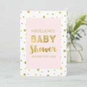 Gold Confetti Blush Pink Babydusche Einladungen (Stehend Vorderseite)