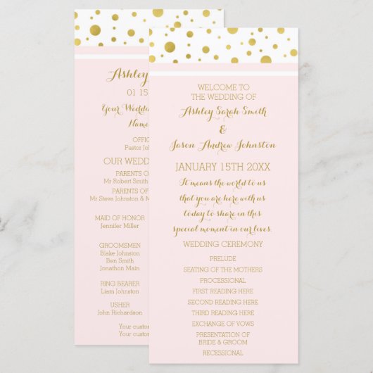 Gold Confetti Blush Pink Hochzeitsprogramm Programm (Vorne/Hinten)