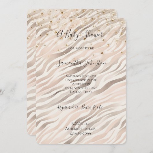 Gold Confetti Blush Pink Zebra Baby Shower Einladung (Vorne/Hinten)