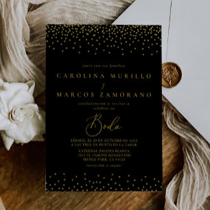 Gold Confetti Boho Black Boda Wedding Einladung