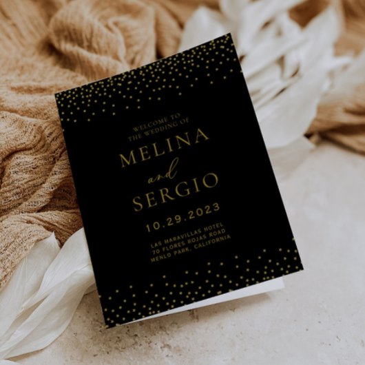 Gold Confetti Boho Black Folded Wedding Programm