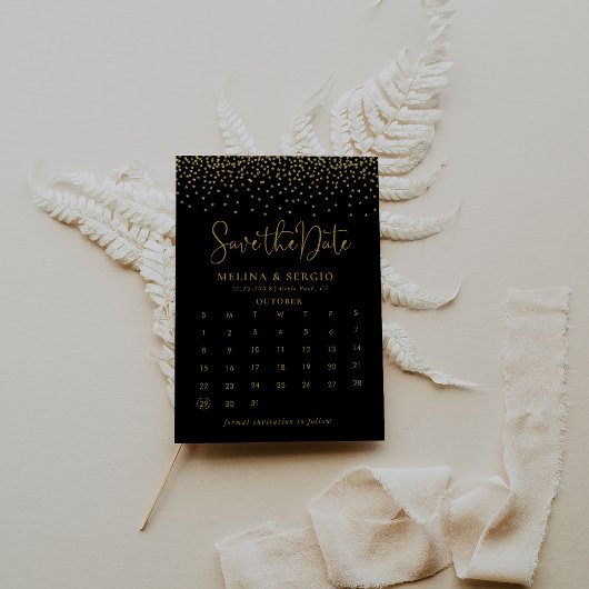 Gold Confetti Boho Black Save the Date Calendar