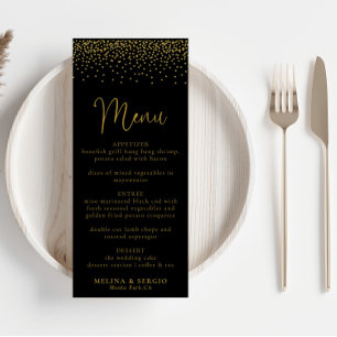 Gold Confetti Boho Black Wedding Menü Menükarte