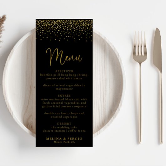 Gold Confetti Boho Black Wedding Menü Menükarte