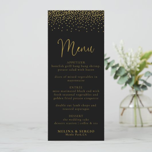 Gold Confetti Boho Black Wedding Menü Menükarte (Stehend Vorderseite)
