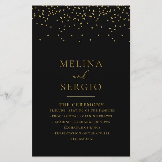 Gold Confetti Boho Black Wedding Programm (Vorderseite)