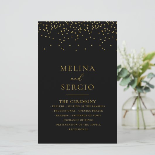 Gold Confetti Boho Black Wedding Programm (Stehend Vorderseite)