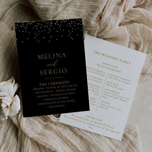 Gold Confetti Boho Black Wedding Programm