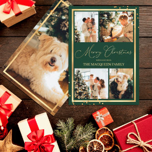 Gold Confetti Border Green Foto Collage Weihnachte Feiertagskarte
