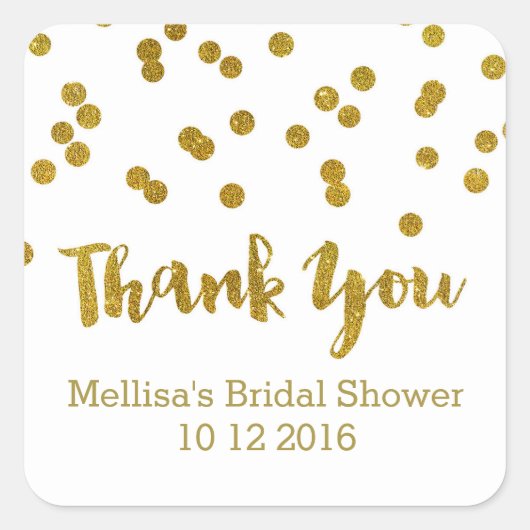 Gold Confetti Brautparty Gefälligkeitstags Quadratischer Aufkleber (Vorderseite)