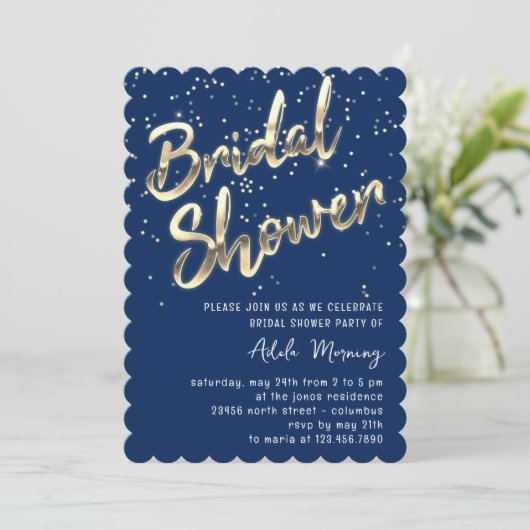 Gold Confetti Brautparty Script Blue Navy Einladung (Stehend Vorderseite)