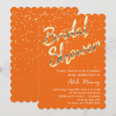 Gold Confetti Brautparty Script Orange Einladung (Vorne/Hinten)