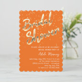Gold Confetti Brautparty Script Orange Einladung (Stehend Vorderseite)