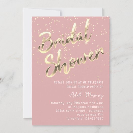 Gold Confetti Brautparty Script Rosa Rose Powder Einladung (Vorderseite)