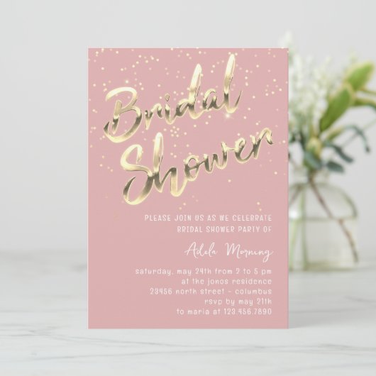 Gold Confetti Brautparty Script Rosa Rose Powder Einladung (Stehend Vorderseite)