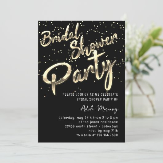 Gold Confetti Brautparty Script Schwarz-weiß Einladung (Stehend Vorderseite)