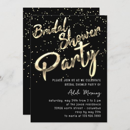 Gold Confetti Brautparty Script Schwarz-weiß Einladung (Vorne/Hinten)