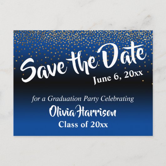 Gold Confetti Bright Blue Abschluss Save the Date Postkarte (Vorderseite)