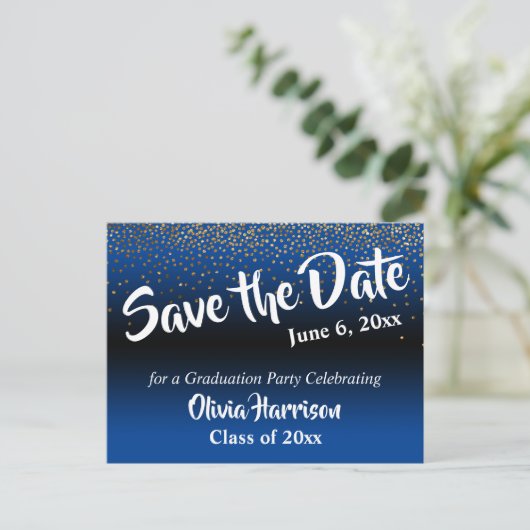 Gold Confetti Bright Blue Abschluss Save the Date Postkarte (Stehend Vorderseite)