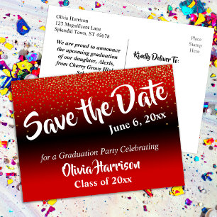 Gold Confetti Bright Red Abschluss Save the Date Postkarte