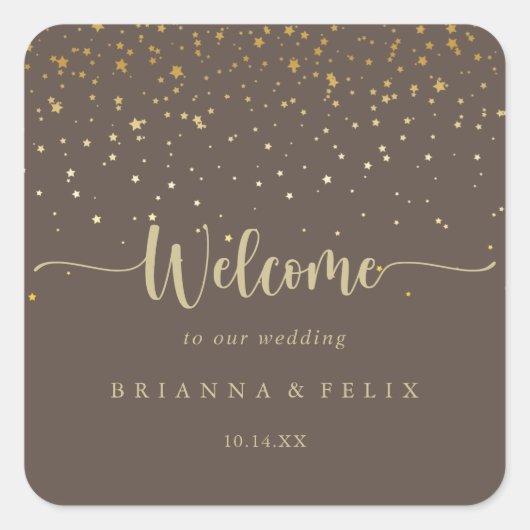 Gold Confetti Brown Wedding Willkommen Quadratischer Aufkleber (Vorderseite)