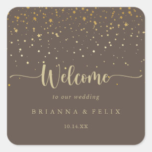 Gold Confetti Brown Wedding Willkommen Quadratischer Aufkleber
