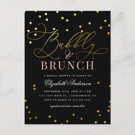 Gold Confetti Bubbly & Brunch Brautparty Einladungspostkarte (Vorderseite)
