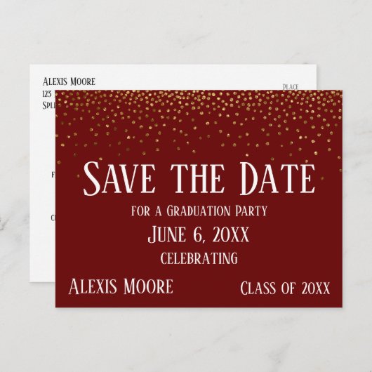 Gold Confetti Burgundy Abschluss Save the Date Postkarte (Vorne/Hinten)