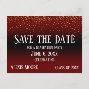 Gold Confetti Burgundy Abschluss Save the Date Postkarte