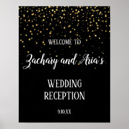 Gold Confetti Calligraphy|Black Empfang Willkommen Poster