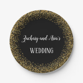 Gold Confetti Calligraphy | Black Wedding Teller
