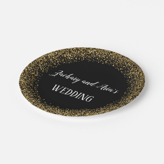 Gold Confetti Calligraphy | Black Wedding Teller (Schrägansicht)