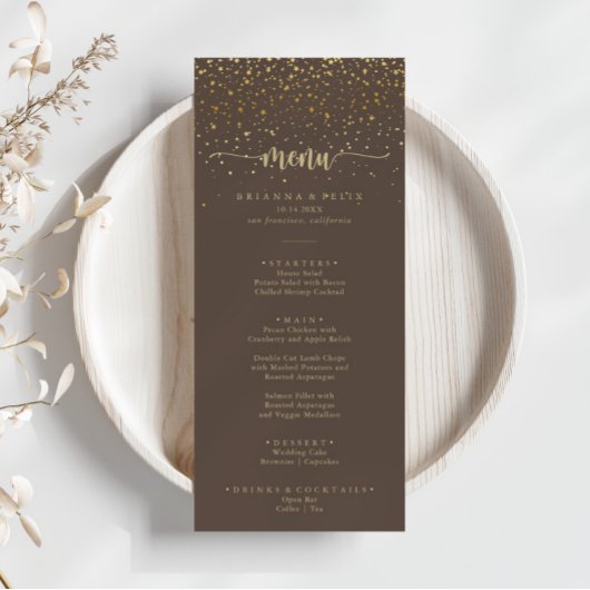 Gold Confetti Calligraphy Brown Dinner Menu Menükarte