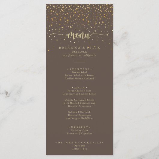 Gold Confetti Calligraphy Brown Dinner Menu Menükarte (Vorderseite)