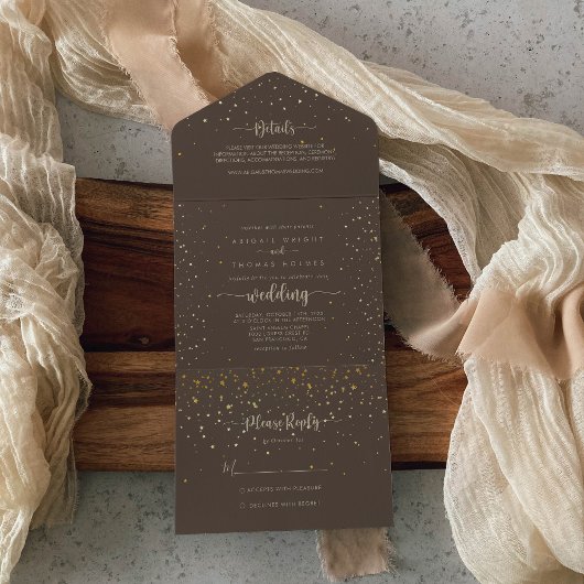 Gold Confetti Calligraphy Brown Wedding All In One Einladung