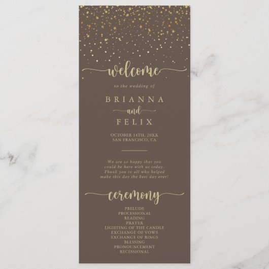 Gold Confetti Calligraphy Brown Wedding Programm (Vorderseite)