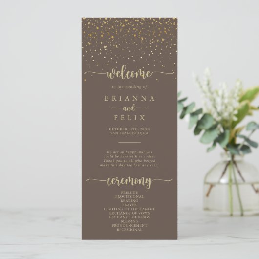 Gold Confetti Calligraphy Brown Wedding Programm (Stehend Vorderseite)