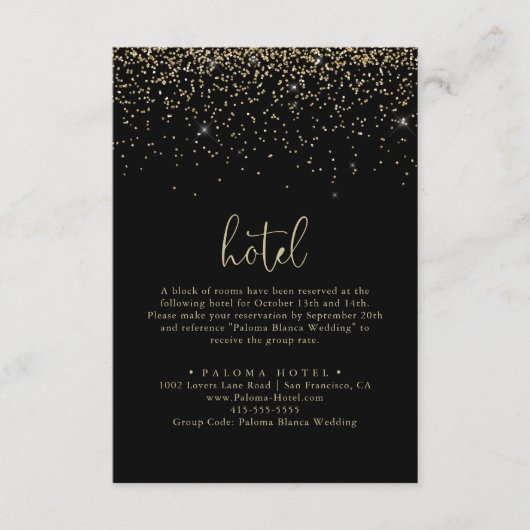 Gold Confetti Calligraphy Extravagant Script Hotel Begleitkarte (Vorderseite)