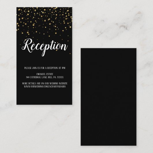 Gold Confetti Calligraphy | Schwarzer Empfang Begleitkarte (Vorne/Hinten)